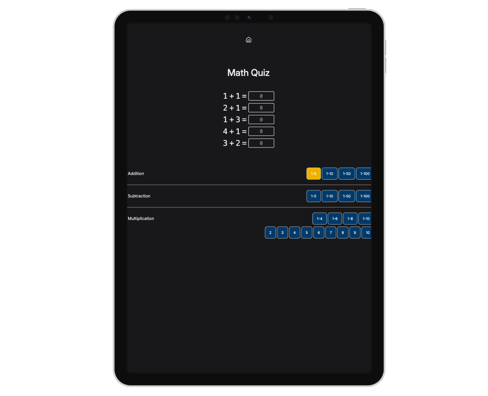 iPad showing Math Quiz game